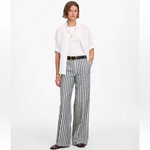 Madewell The Zoe relaxed wide leg linen-cotton blend striped navy/white pants - Picture 1 of 16